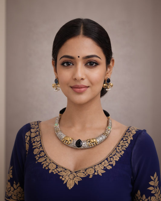Oxidised Silver Dual-Tone Antique Haasil Necklace Set-G351500