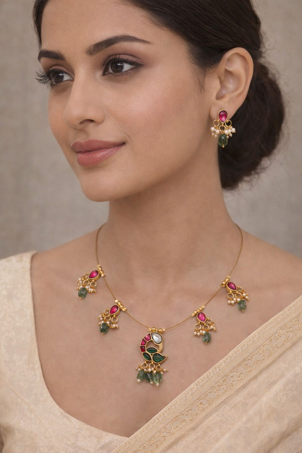 Beautiful Peacock Kundan Jadau Invisible Necklace Set