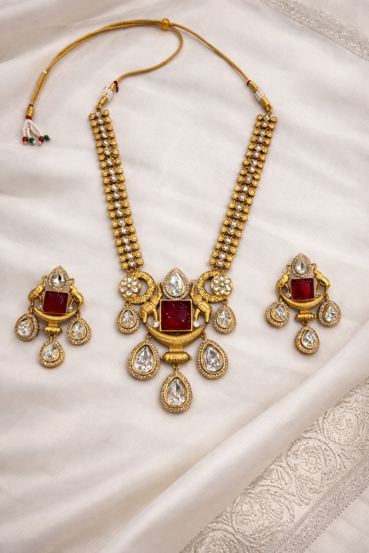 Ruby & Kundan Polki Antique Gold Plated Necklace Set-G752600