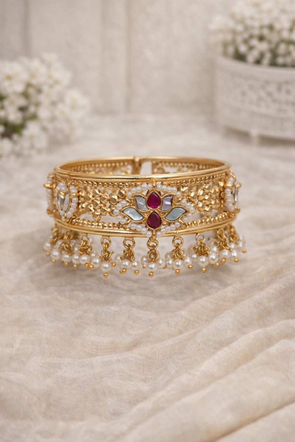 Antique Gold Plated Openable Bangle Kada with Pearl Drops & Kundan Stones-G351300