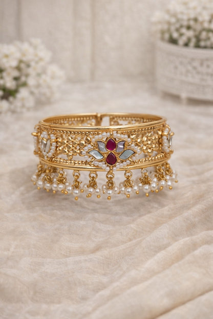 Antique Gold Plated Openable Bangle Kada with Pearl Drops & Kundan Stones-G351300