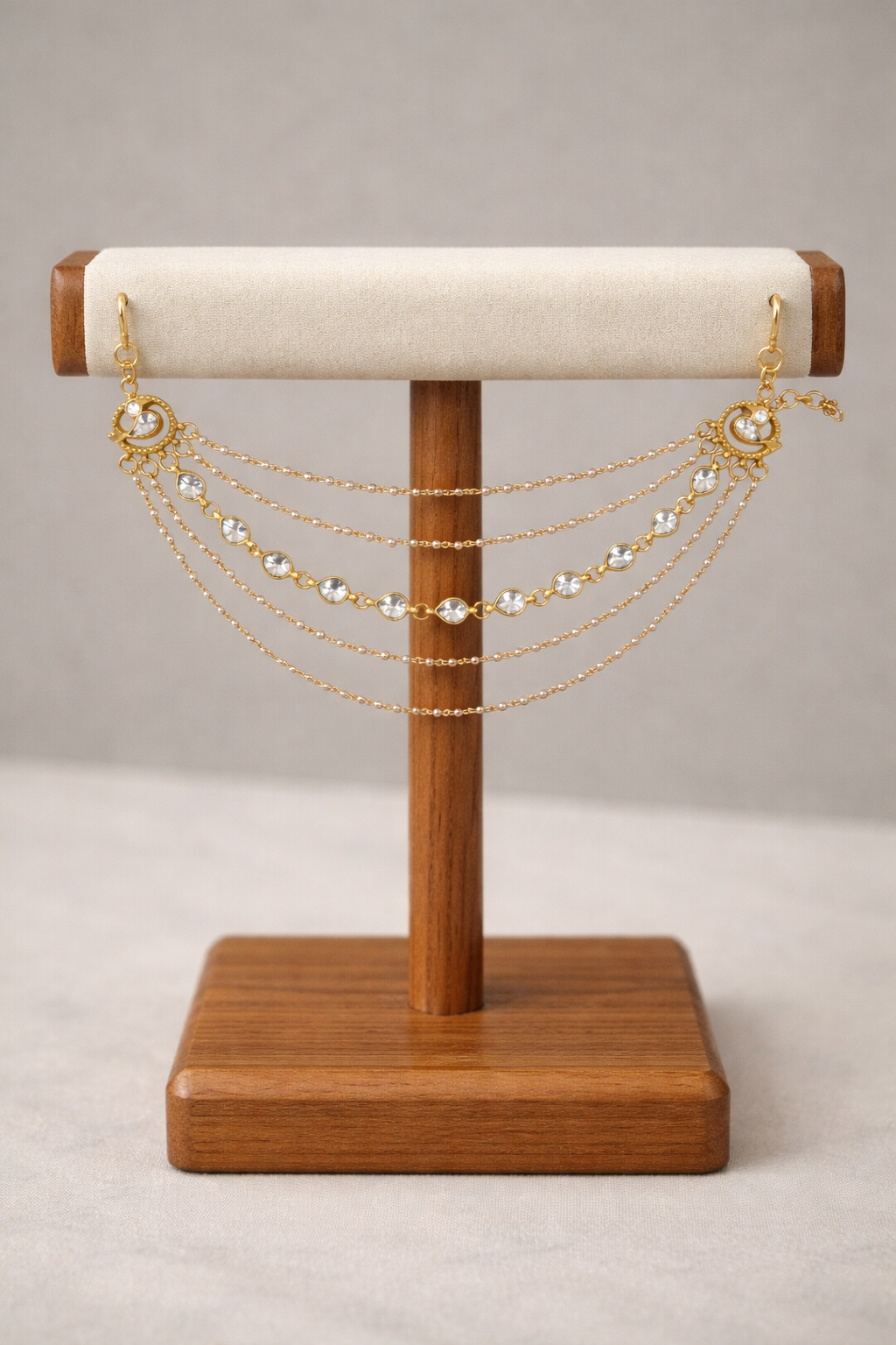 Gold-Plated Kundan & Pearl Multi-Layered Ear Chain