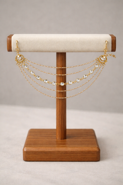 Gold-Plated Kundan & Pearl Multi-Layered Ear Chain