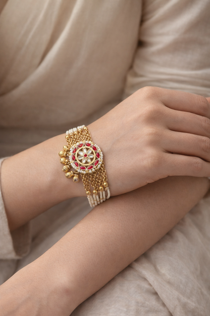 Elegant Red & White Kundan Pearl Bracelet