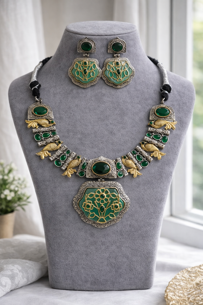 Oxidized Silver & Gold Plated Green Stone Jewellery Set-G352800