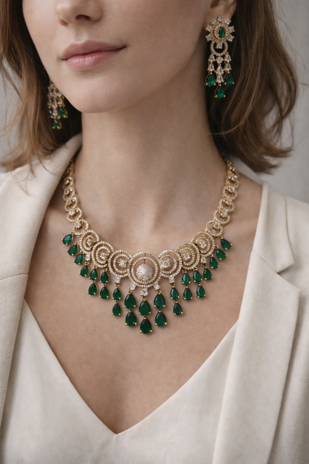 Emerald & Diamond Look Gold-Plated Necklace Set