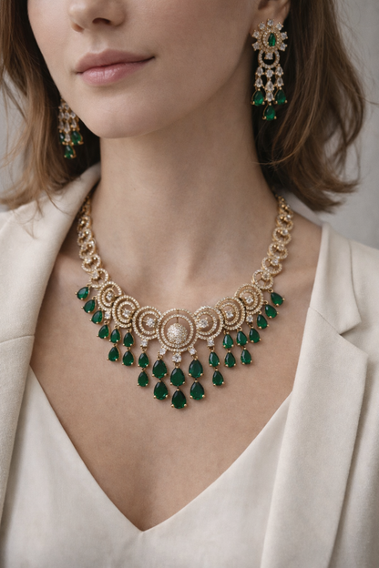 Emerald & Diamond Look Gold-Plated Necklace Set