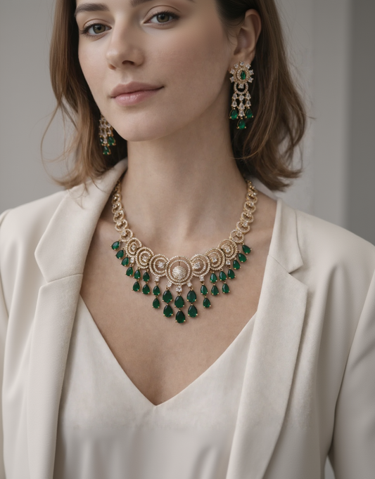 Emerald & Diamond Look Gold-Plated Necklace Set-G352200