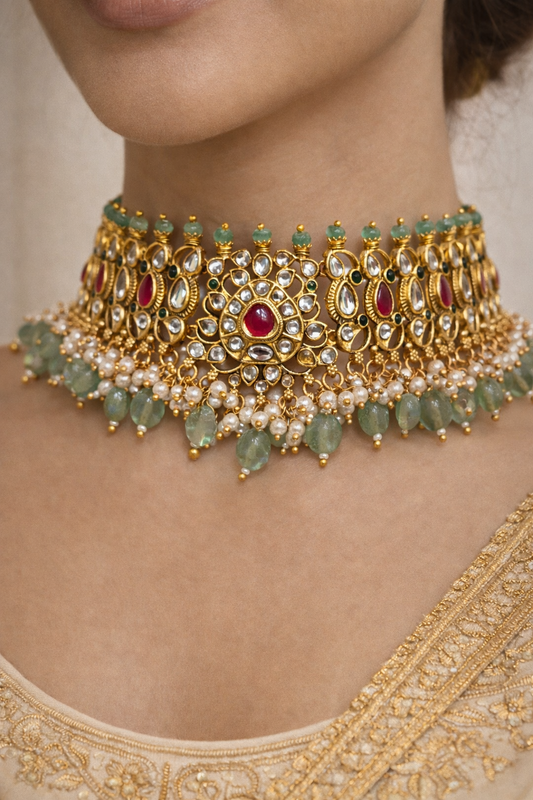 Polki & Kundan Choker Necklace Set with Pearl Drops-G353100