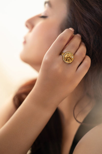 elephant motif Gold plated Mossainte Ring