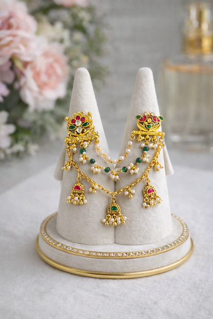 Pachhi kundan double finger Ring