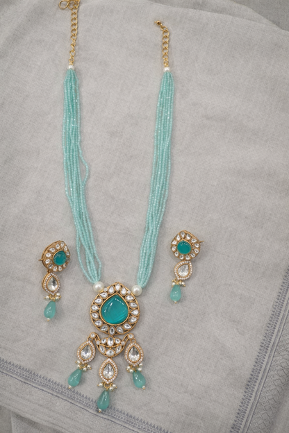 Kundan Polki Onyx Beads Gold Tone Long Pendant Necklace set