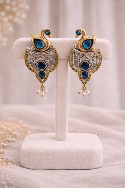 Oxidised Silver Dual-Tone Peacock Motif Necklace Set-G352400