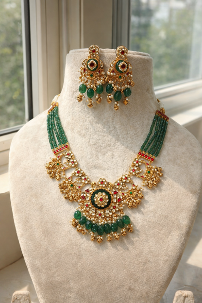 Green Kundan & Pearl Gold Plated Bridal Necklace Set