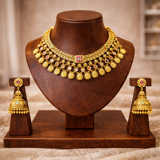 Rajwadi Antique Jaalar Gold Necklace with Jhumka Earrings