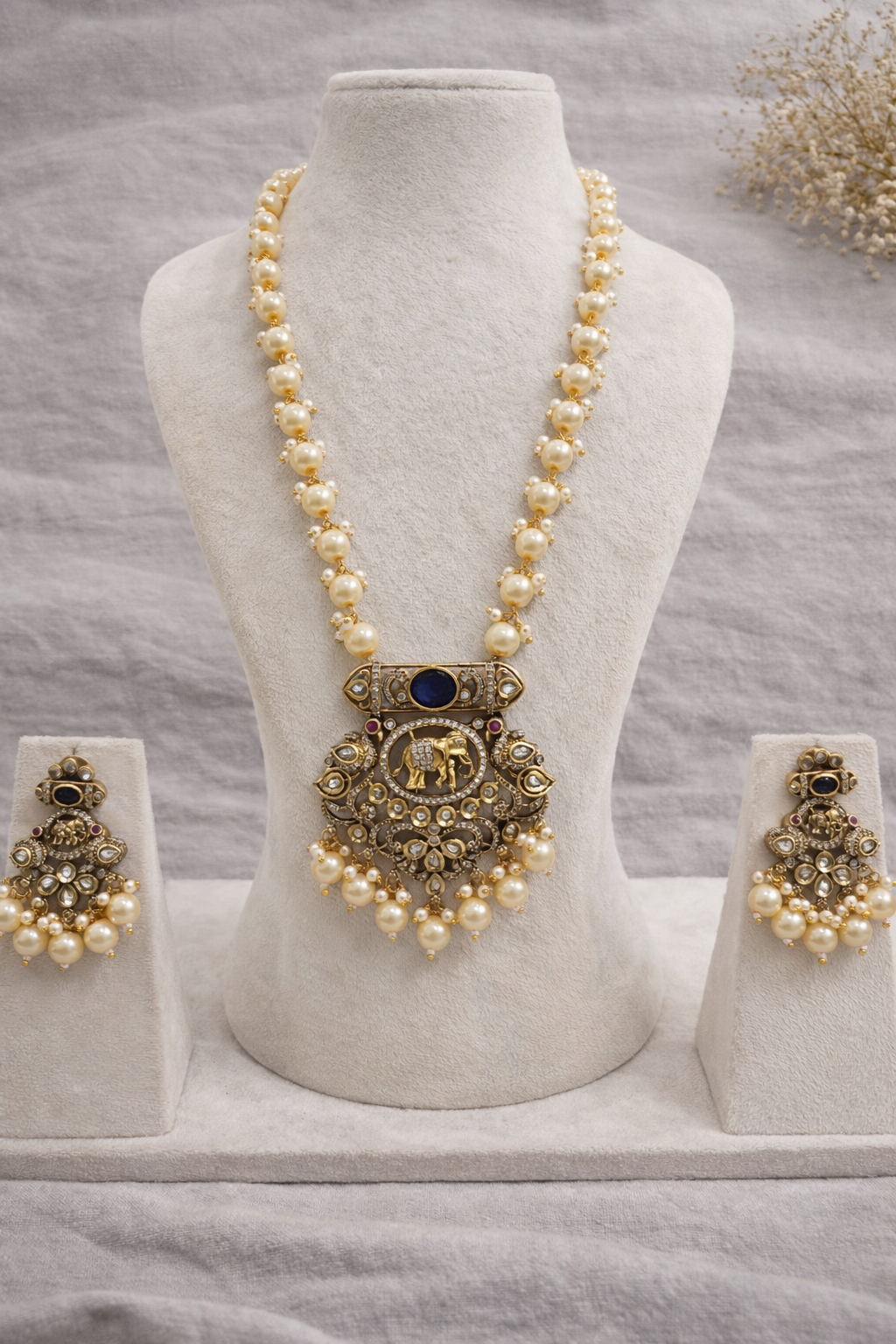 Elephant" Kundan Pearl Pendant Necklace Set