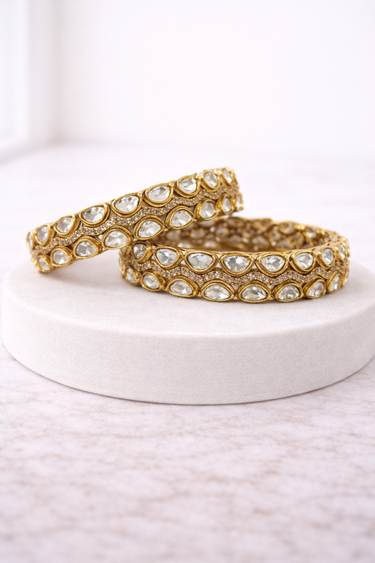 Mossonite Gold-Plated Kundan Polki Bangle(Set of 2)