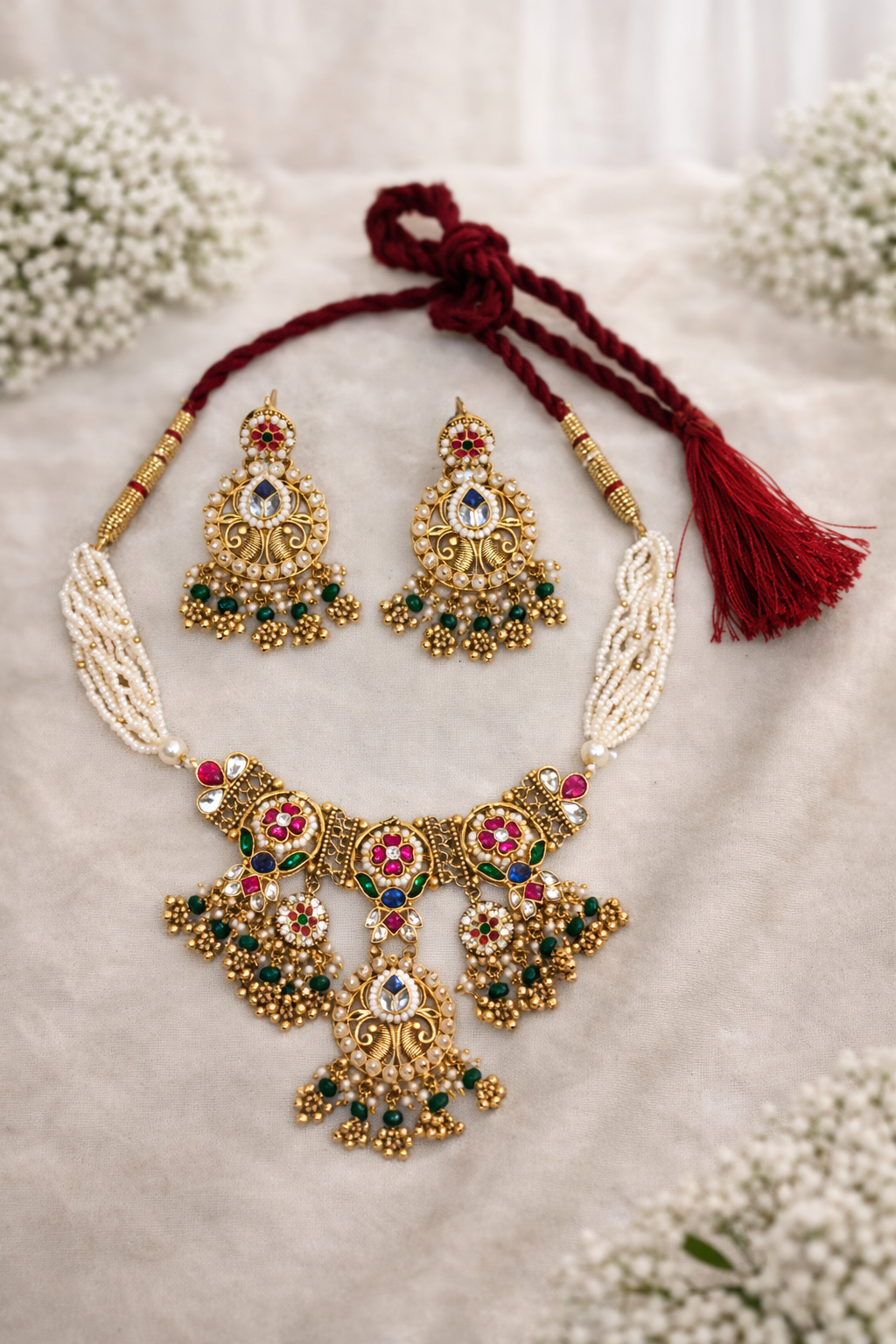 Heirloom Jadau Style Gold-Plated Necklace with Pearls