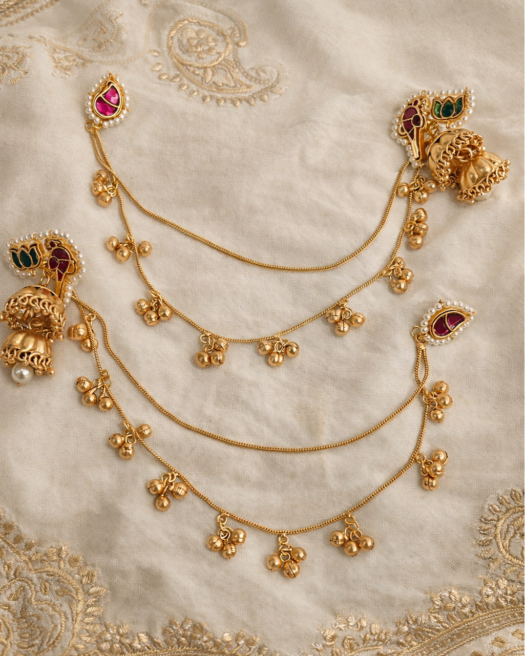 Regal Gold-Plated Kashmiri Jhumki Earrings with Side Kanchain and Ghungroos-G352100