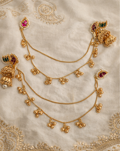 Regal Gold-Plated Kashmiri Jhumki Earrings with Side Kanchain and Ghungroos-G352100