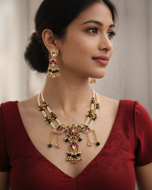 Elegant Pachi Kundan Choker Set with Matching Earrings & Pearl Drops-G352800
