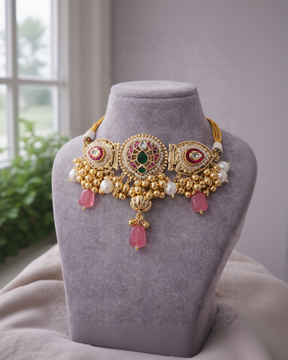 Fusion Gold-Tone Choker Necklace & Earring Set with Pink Stones & Pearls-G353000