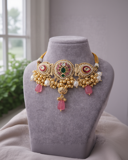 Fusion Gold-Tone Choker Necklace & Earring Set with Pink Stones & Pearls-G353000