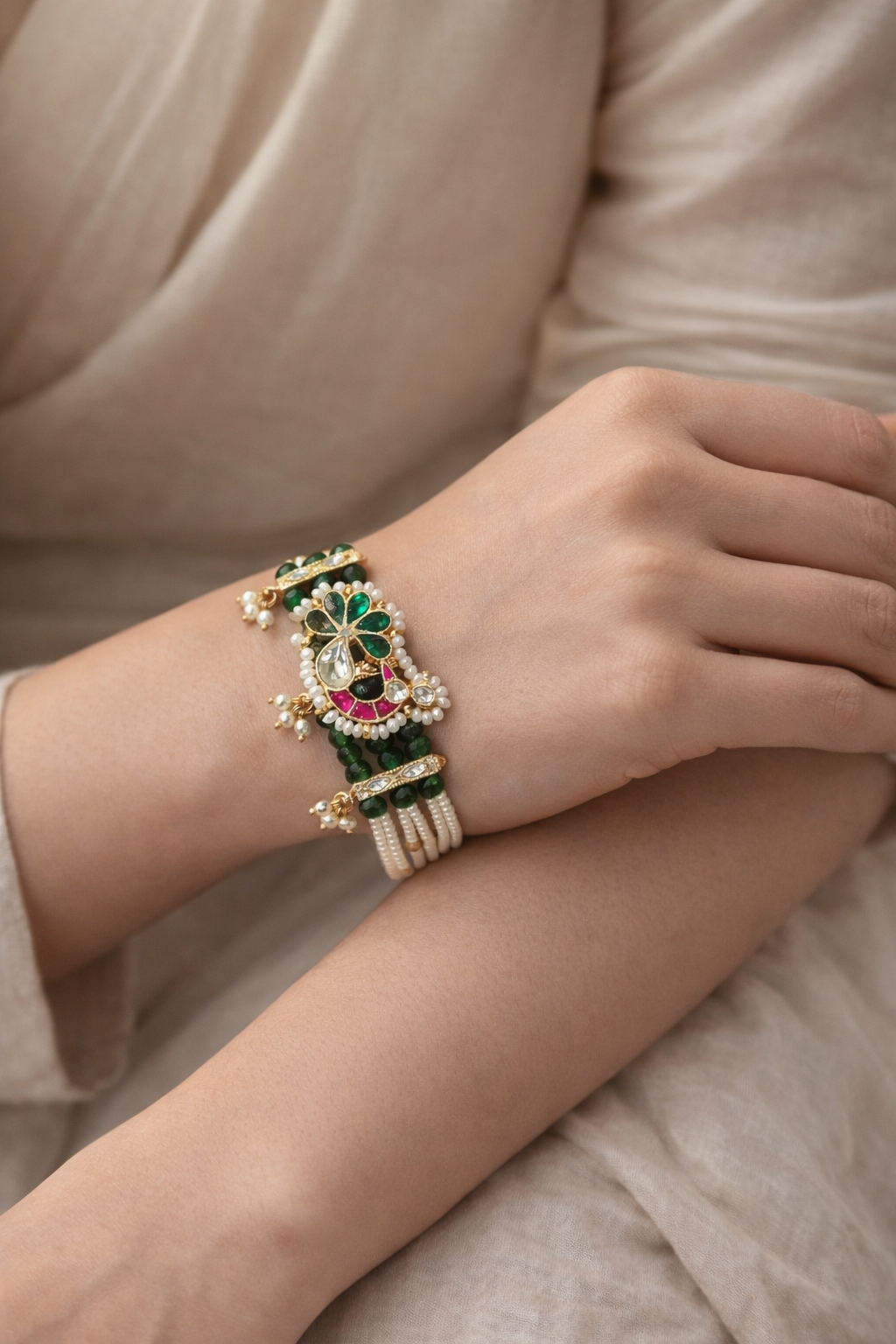 Emerald Green and Pearl Kundan Traditional Indian Bracelet-G351100