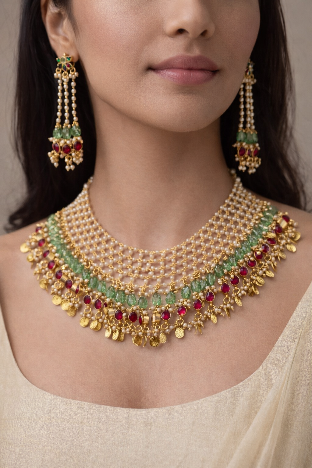 Multi-Layered Jadau and Pearl Choker with Gold Coin Drops
