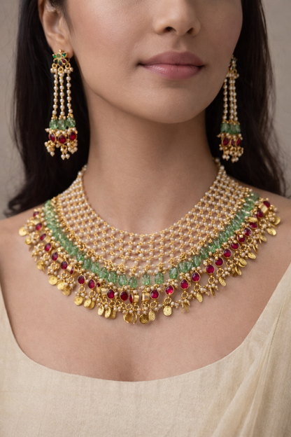 Multi-Layered Jadau and Pearl Choker with Gold Coin Drops