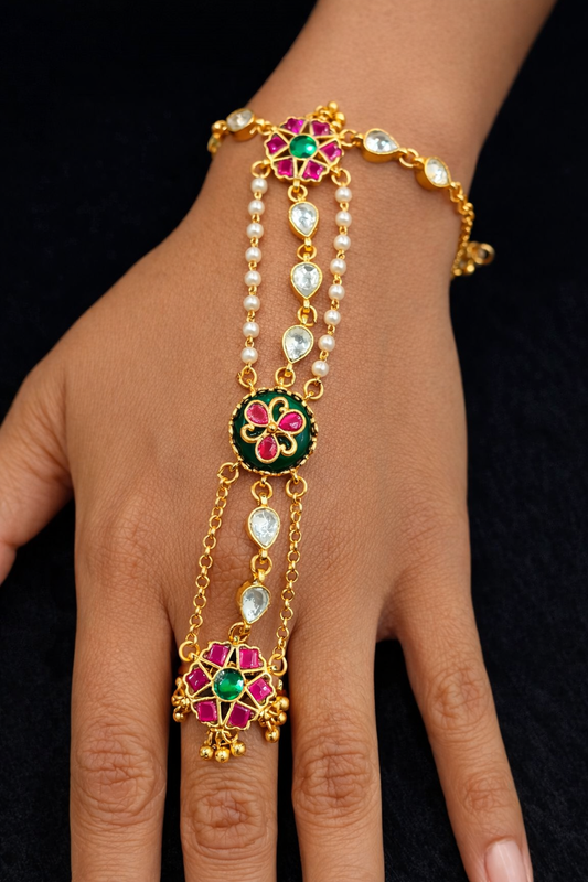 Emrald Green Pachi Kundan Floral Hath phool(Hath Pocha)-G352300