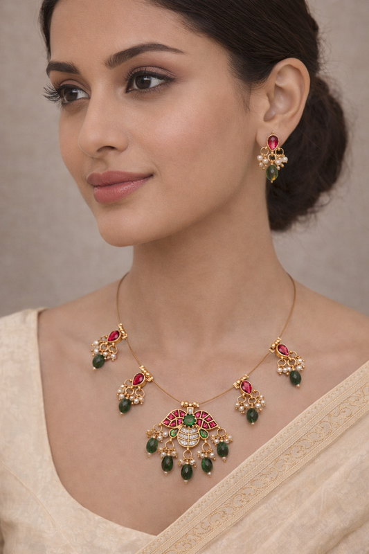 Elegant Peacock Kemp Stone Invisible Necklace Set