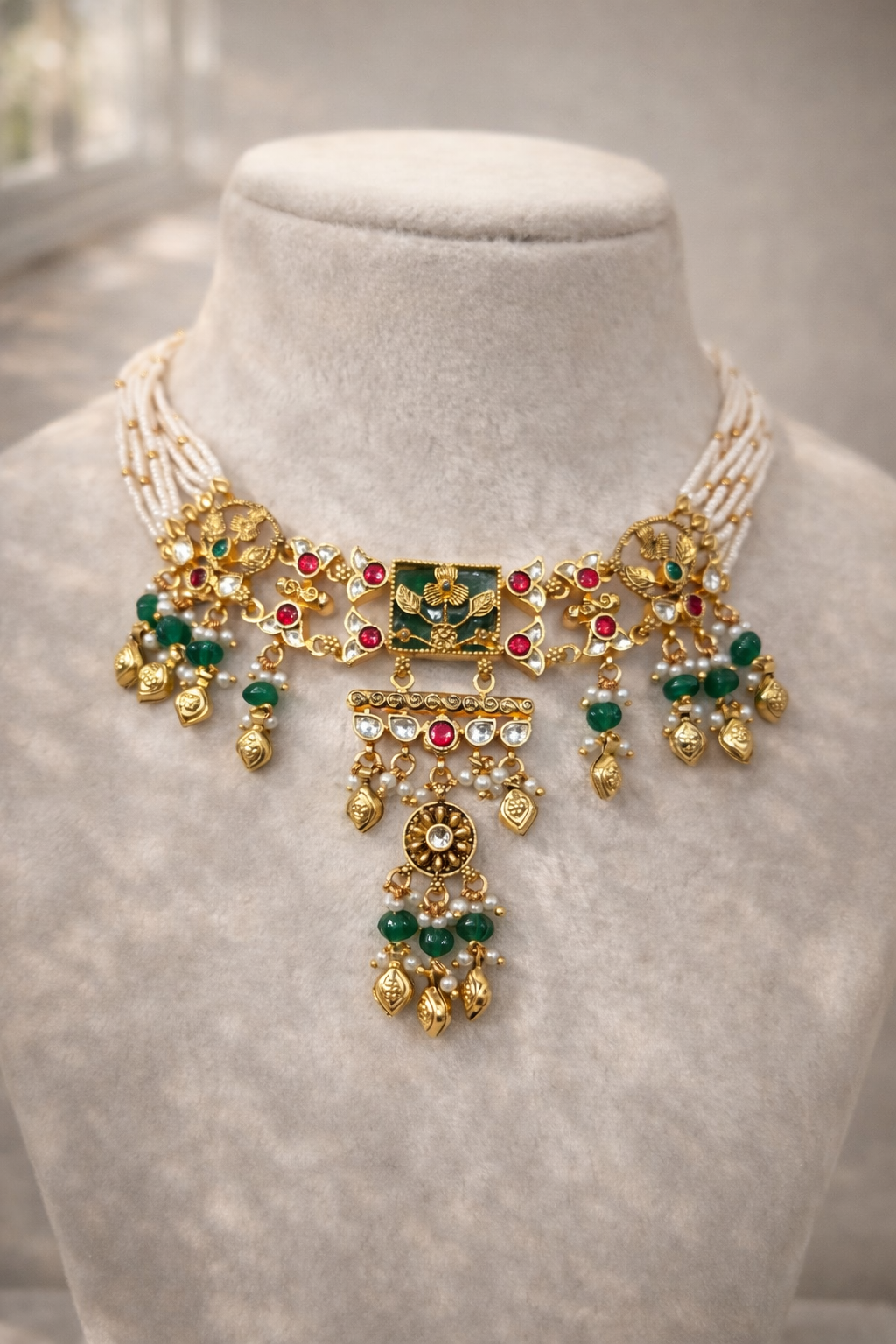 Ethnic Green and White Beaded Choker Set