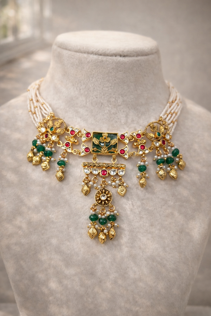 Ethnic Green and White Beaded Choker Set