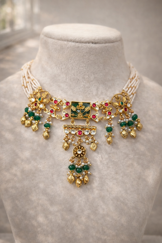 Ethnic Green and White Beaded Choker Set