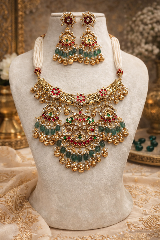 Regal Rajwadi Style Emerald & Ruby Stone Beaded Necklace Set