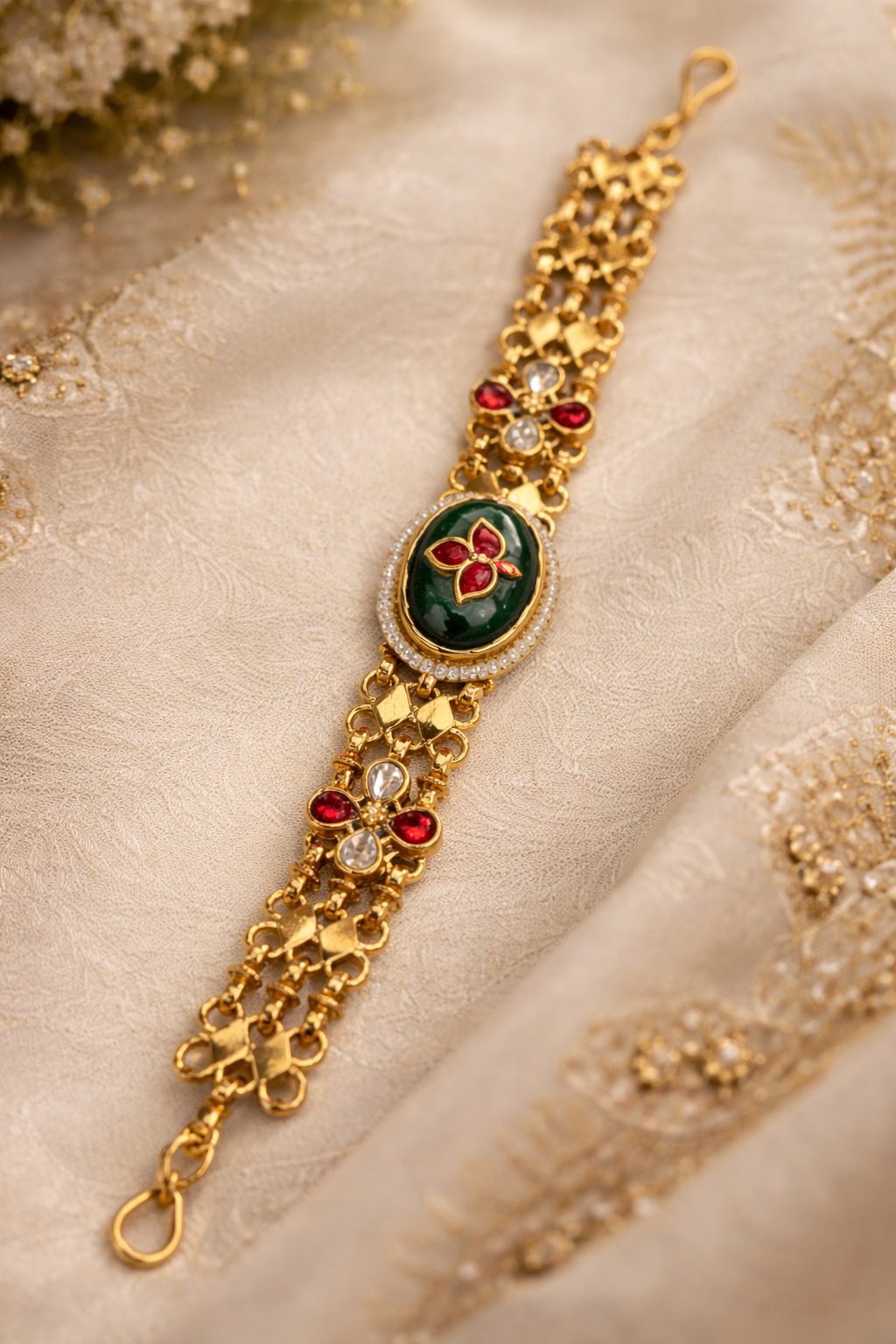 Golden Toned Cuff Bracelet with Green Onyx Stones