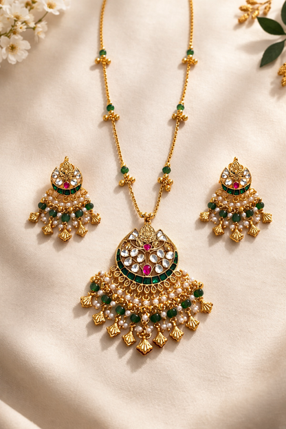 Kundan & Kemp Stone Gold-Plated Pendant Necklace Set with Matching Earrings
