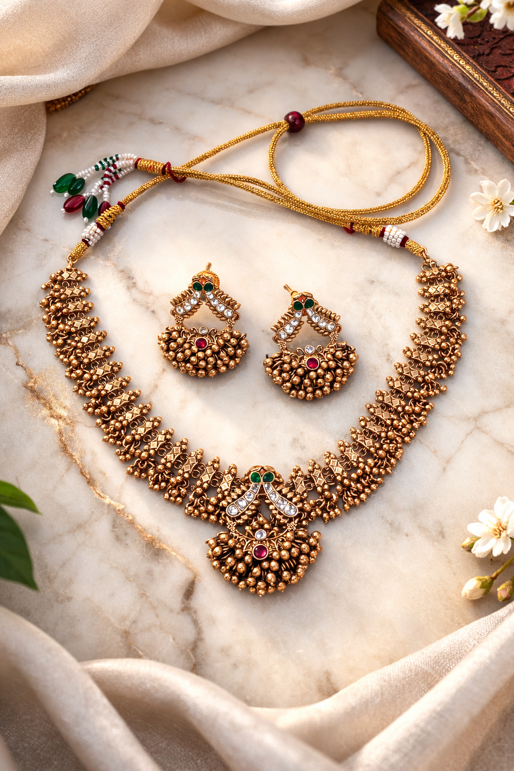 Elegant Gold Finish Flower Design Antique Necklace Set