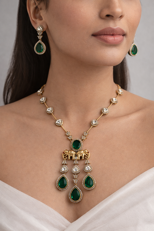 Emerald & Polki Kundan Elephant Pendant Necklace Set-G753000