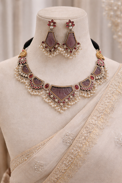 Oxidised Silver Amethyst & Pearl Silver Necklace Set-G352500
