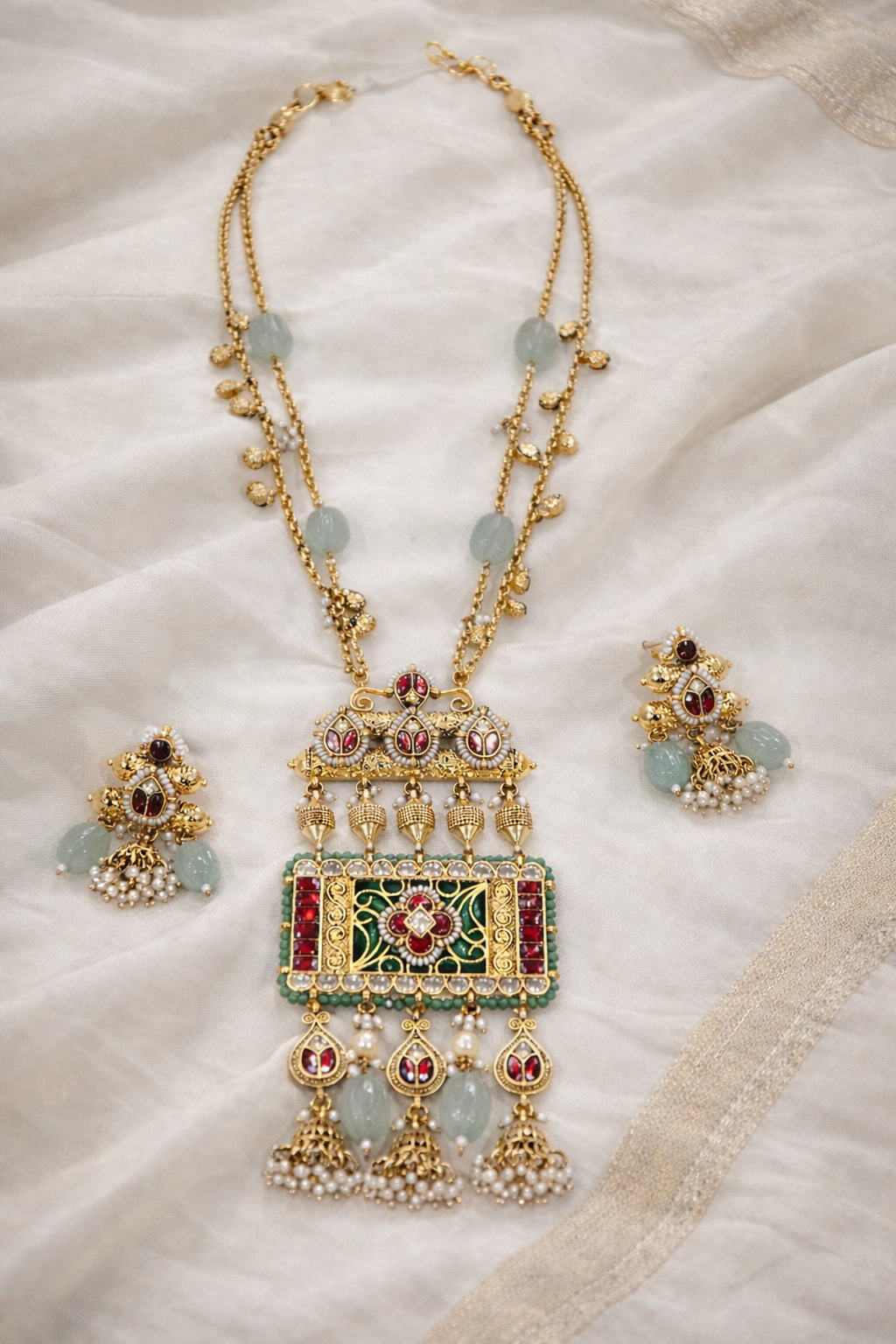 Antique Jadau Kundan Pendant Chain With Earings-G355400
