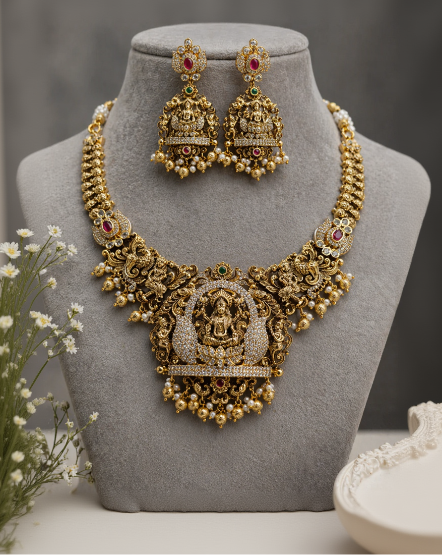 Antique Gold Lakshmi Temple Necklace Set-G353300