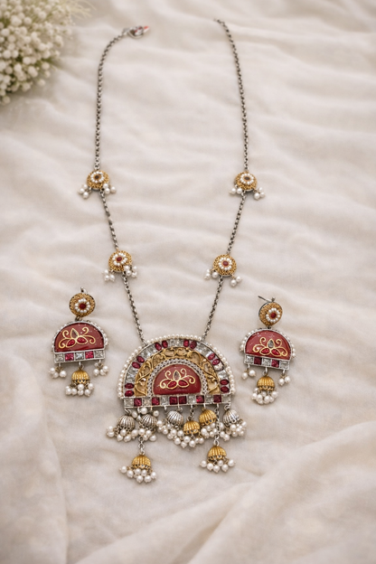 Oxidised Dual-Tone Pink Enamel Jhumka Pendent Set-G351900