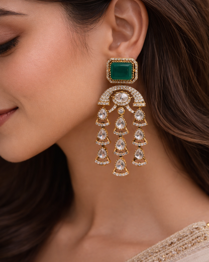 Heirloom Style Green Stone and Diamond Dangling Earrings-G351600