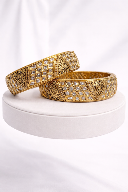 Gold-Plated Kundan Polki Kada Bangles (Set of 2)