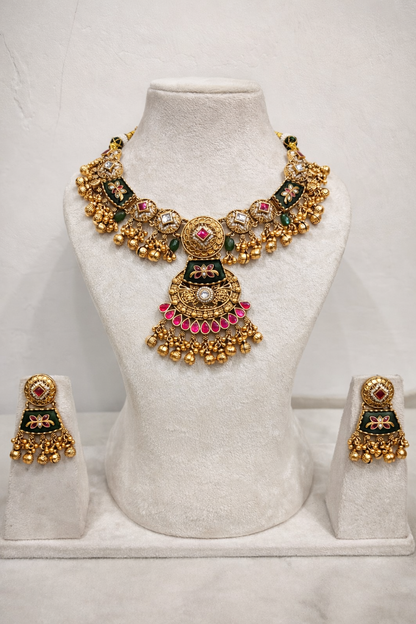 Heritage Collection Matte Gold Plated Necklace Set with Matching Earrings