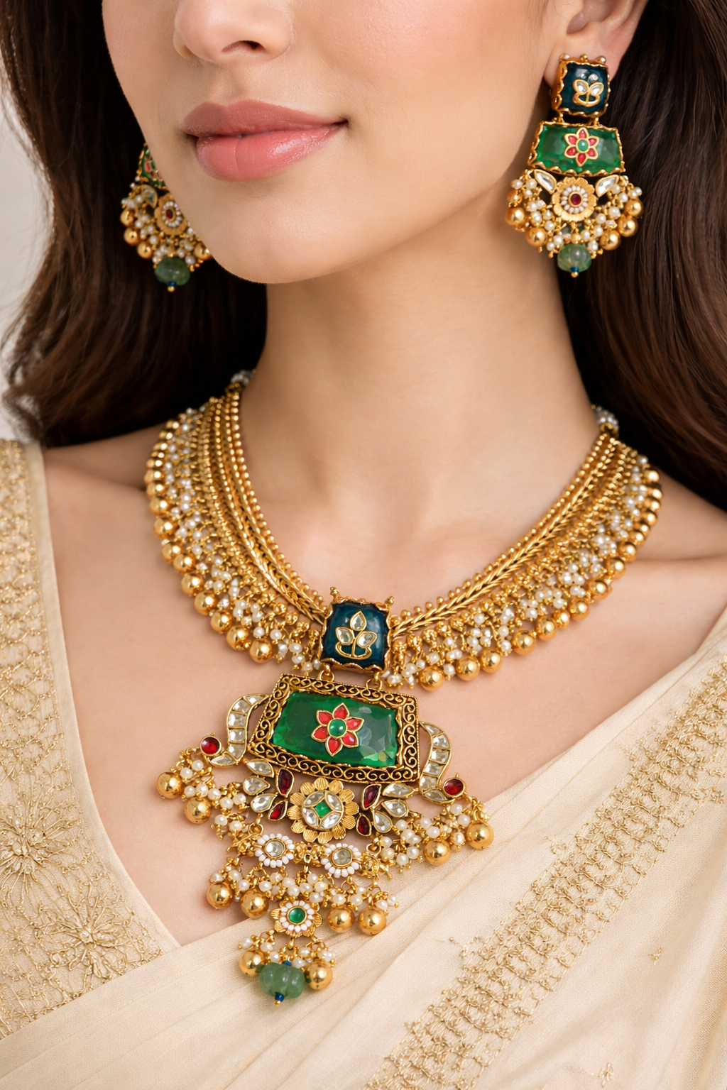 Gold Antique Emerald and Polki Studded Necklace Set