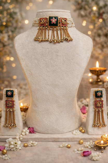 Emerald Green & Pearl Kundan Choker Set with Dangling Earrings