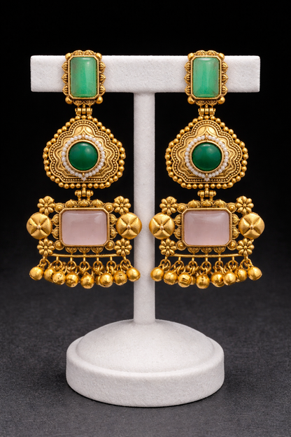 Antique Gold-Plated Drop Earrings with Red & Green Stone-G351100